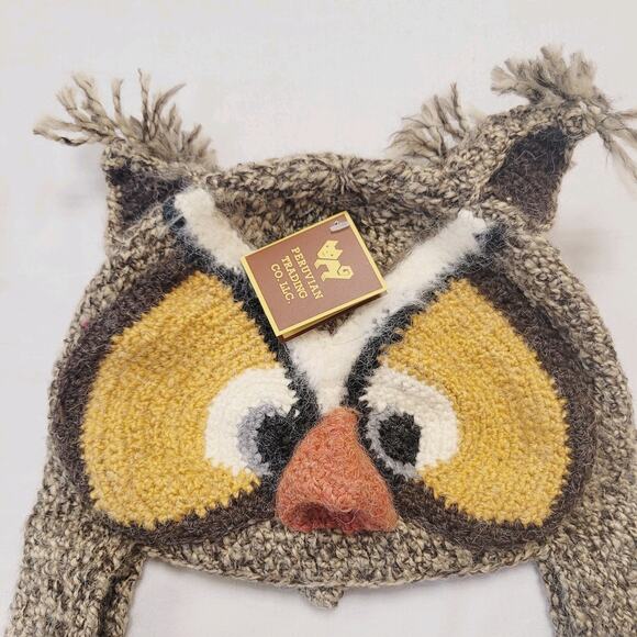 Peruvian Trading Company Hat Knit Owl Ear Flap Pom Pom Handmade Peru Cozy New - Picture 3 of 12